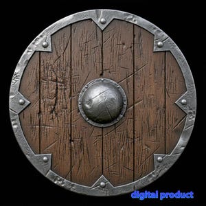 May include: A circular wooden shield featuring vertical planks with a weathered, scratched texture. The shield is reinforced with a metallic silver rim and a central domed boss, both secured by rivets. The text digital product appears in blue.