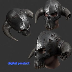 May include: A dark metallic skull-shaped helmet featuring large, weathered horns on each side. The helmet has a textured, battle-worn surface with visible rivets and a jagged jawline. The text "digital product" appears in blue at the bottom left.