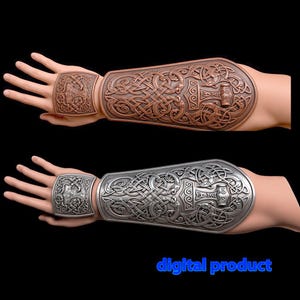 May include: A pair of forearm bracers and matching hand plates featuring intricate Celtic knotwork and a central hammer motif. One set is finished in a metallic copper tone, while the other is in a metallic silver tone. Text reads: digital product.