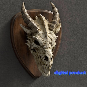 May include: A wall-mounted dragon skull sculpture featuring an off-white, textured bone finish with two prominent curved horns, mounted on a dark brown wooden shield-shaped plaque. The text digital product is visible in the lower right corner.