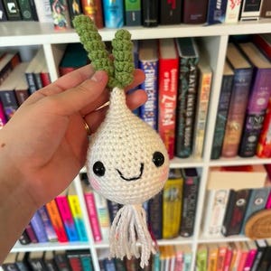 Puede incluir: Un rábano blanco tejido a mano con una cara sonriente, ojos negros y mejillas rosadas. El rábano tiene hojas verdes y flecos blancos en la parte inferior. El fondo es una estantería llena de libros.