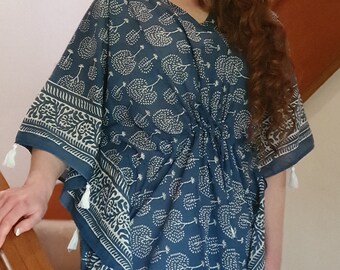 Green - Hand Block Batik Print Cotton Short Kaftan 25