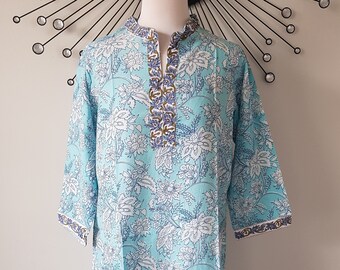 Sky Blue Jaipur Hand Block Print Cotton Tunic for Women