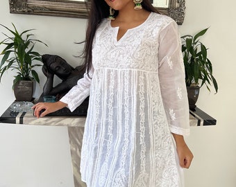 Lucknow Chikankari Anarkali Cotton Voile , White Maxi Dress, long A line tunic, Kurta, kurti, Indian Chikankari hand embroidery