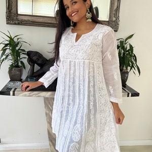 Lucknow Chikankari Anarkali Cotton Voile , White Maxi Dress, long A line tunic, Kurta, kurti, Indian Chikankari hand embroidery