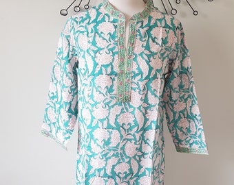 Turquoise Indian Cotton Hand Block Print Tunic Kurta