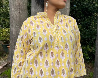 Yellow Indian Cotton Block Printed Kurta Tunic