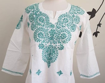 White Cotton Chikankari Kurta with thread embroidery , Indian cotton voile Kurta