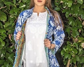 Cotton Quilted Mandarin collar Jacket, Soft Indian cotton, reversable jacket, Blue floral jacket