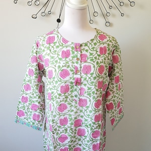 Pink Lotus Tunic With Front Button- Jaipuri Cotton Hand Block Print Kurta