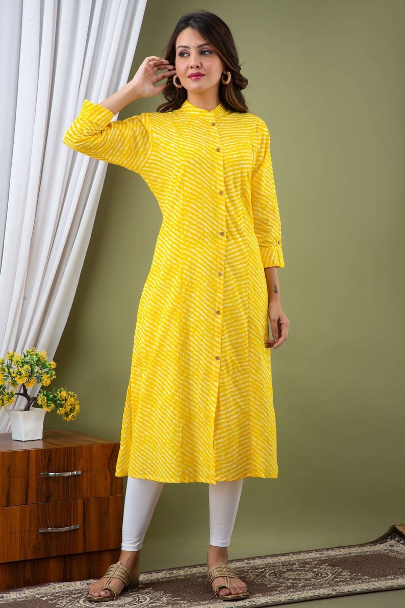 Long kurta princess cut, aline kurta with folded sleeves and pockets image 2