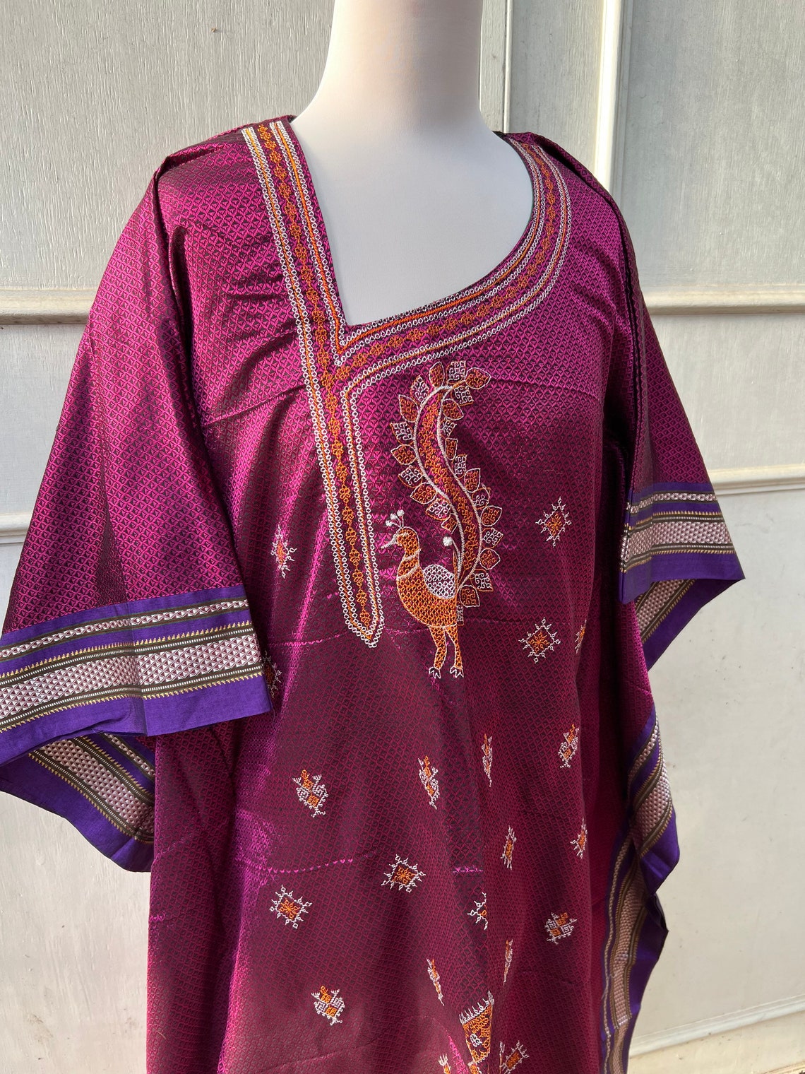 Purple and Beige Handloom Cotton Color Block Kaftan