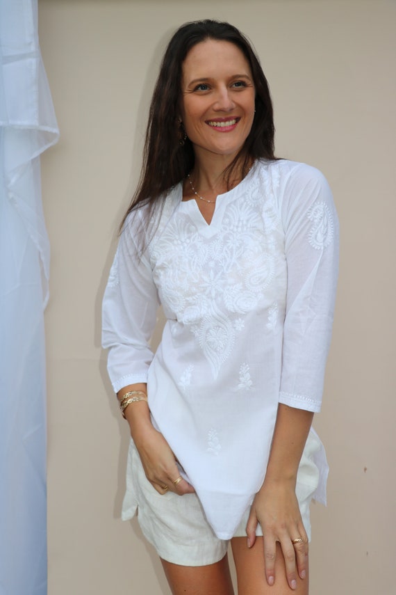 Bimba Women's Cotton Kurti With Slit - White Ethnic Indian Top, Long Sleeve, Mid-Calf Length