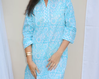 Túnica Kurta de algodón azul cielo con estampado a mano de Jaipur