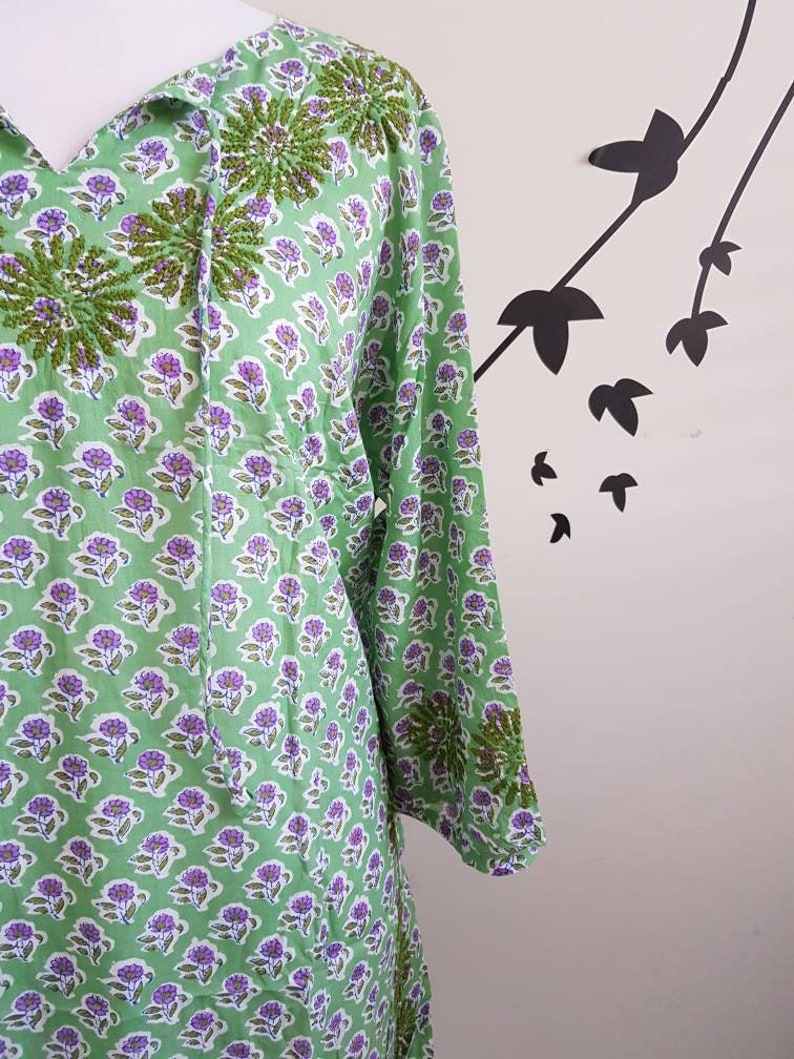 Womens Chikankari Kurta Bell Sleeves Hand Block Print Tunic Etsy