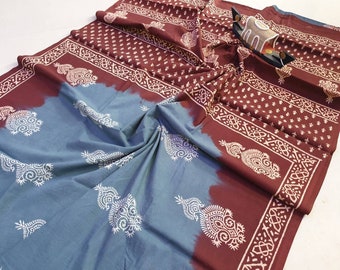 Jaipur Cotton Saree: Hand Block Print Mulmul Saree with Blouse