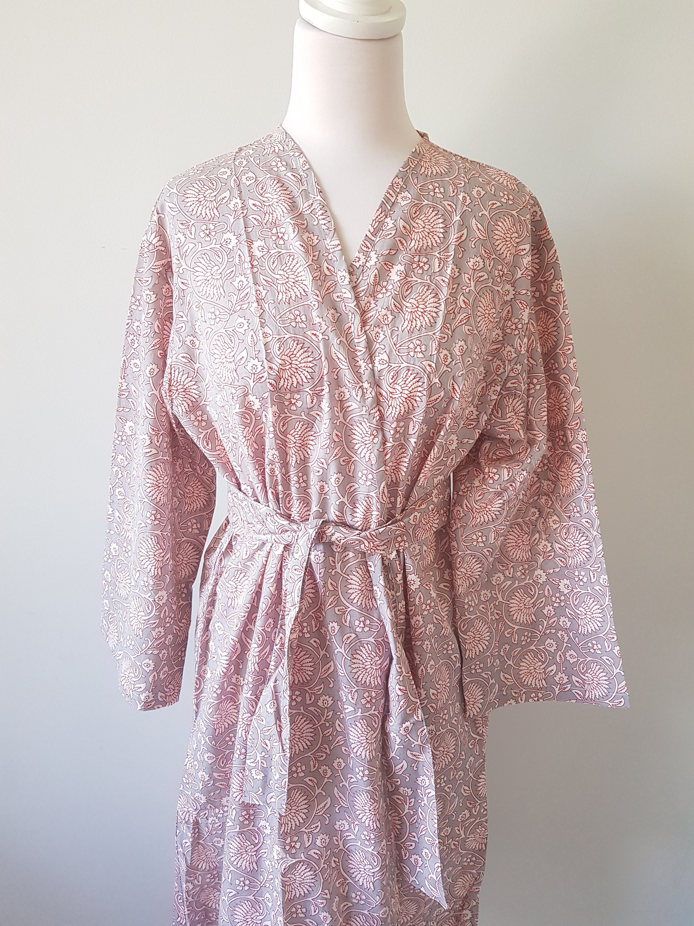 Organic Cotton Hand Block Print Robe, Bridesmaid Robe L-XL Size