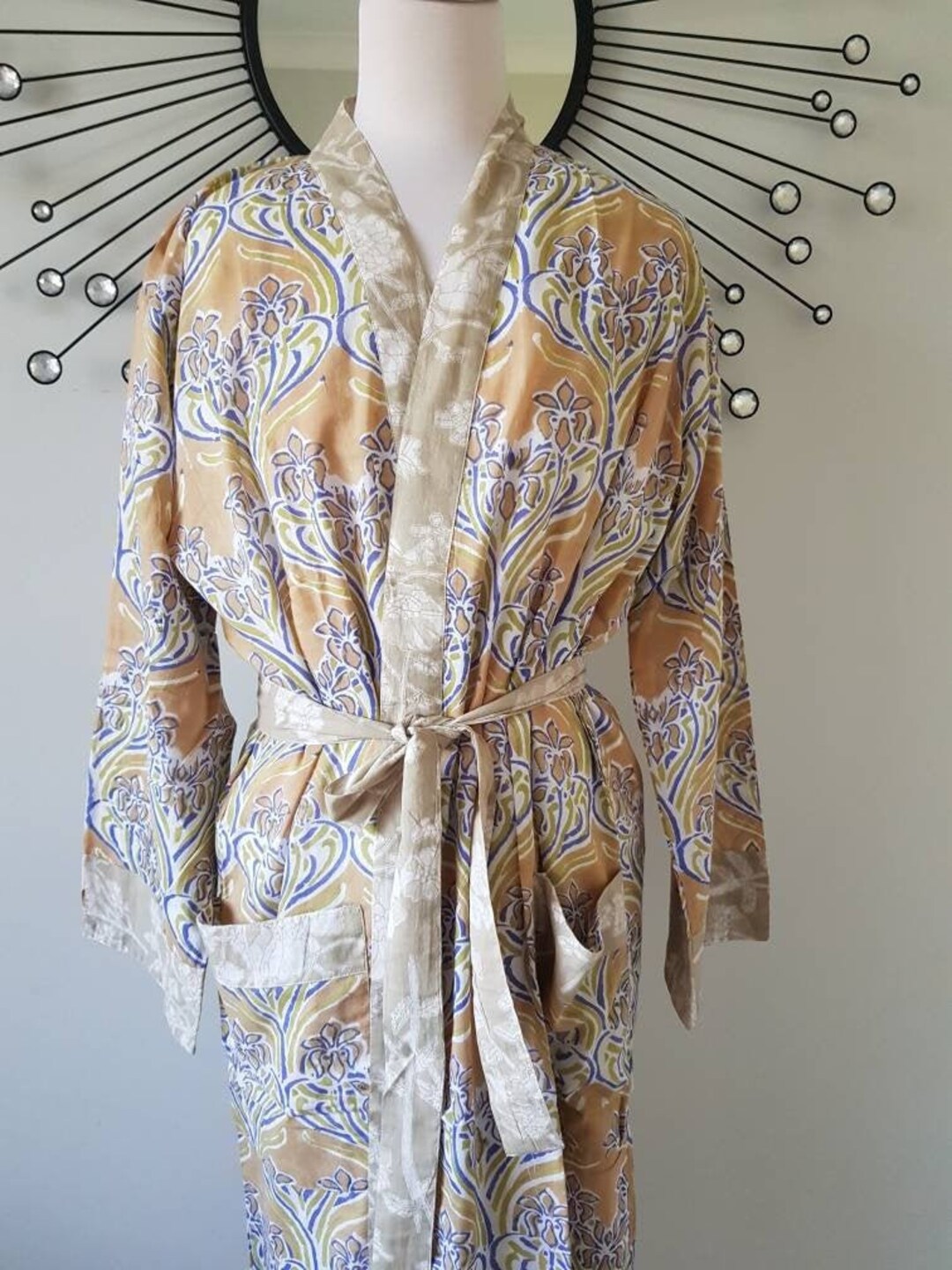Drawn Block Robe Hand Block Print Cotton Robe: Jaipur Organic Kimono, Bridal Dressing ...
