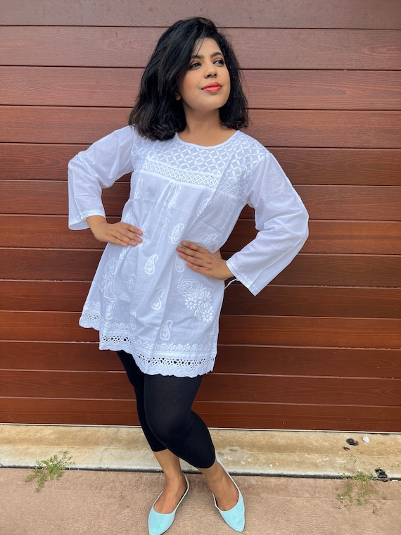 White kurti with blue clearance leggings