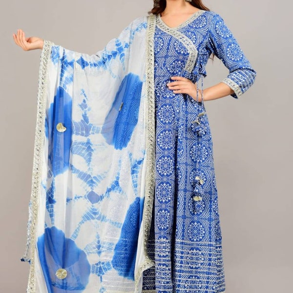 Angarkha style long Anarkali with gotta work bandej print, chiffon shibori dupatta and pant set