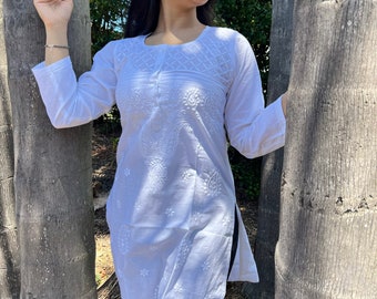 White Cotton Tunic - kurta with front opening buttons