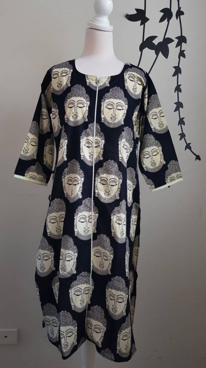 Black Tunic Buddha print boho kurti Indian cotton long Kurta