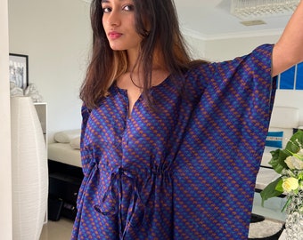 Blue Vintage Silk Kaftan Dress, luxury kaftan maxi dress