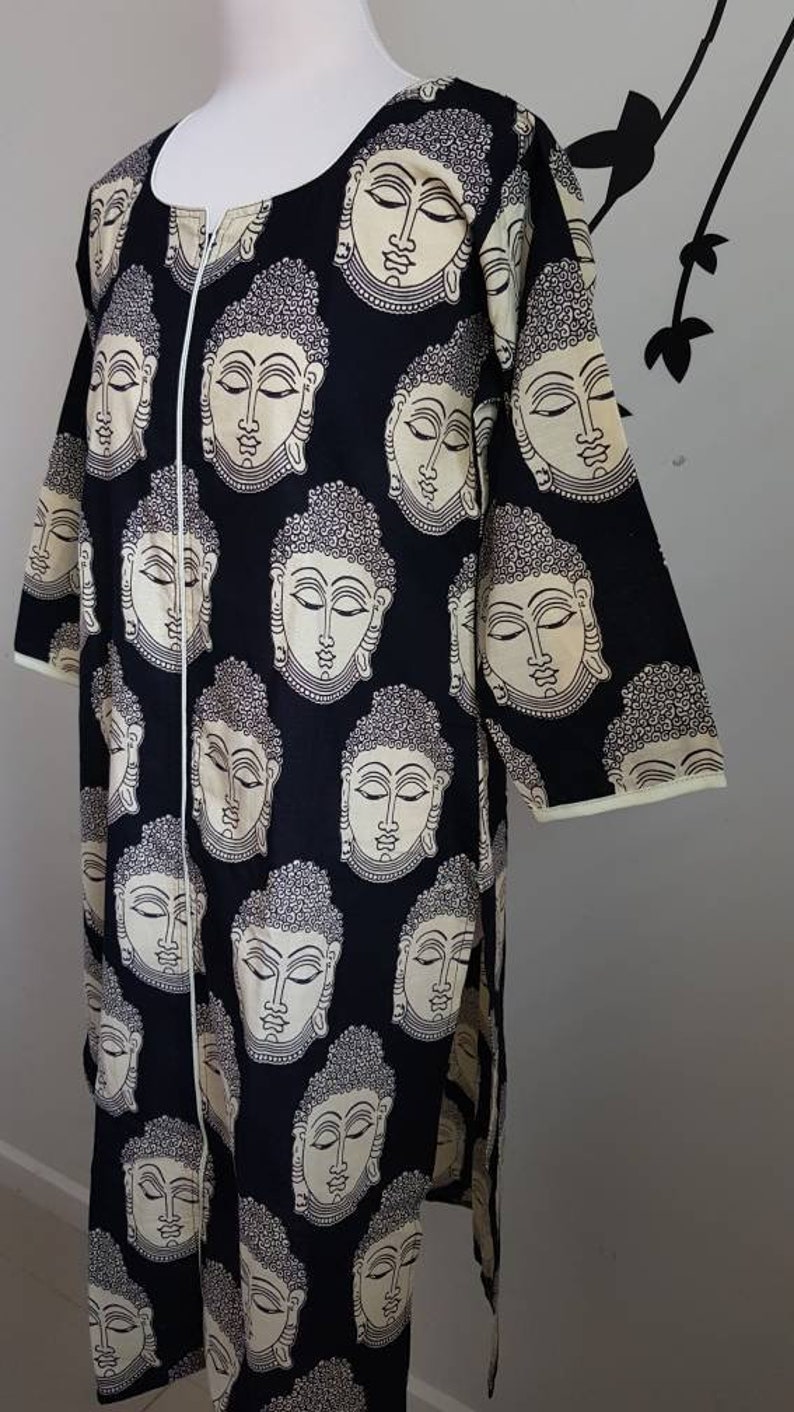 Black Tunic Buddha print boho kurti Indian cotton long Kurta