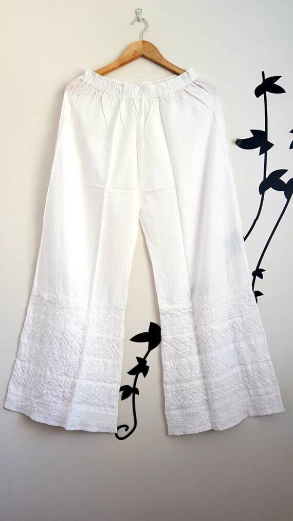 White Chikankari embroideried Palazzo pants cotton trouser | Etsy