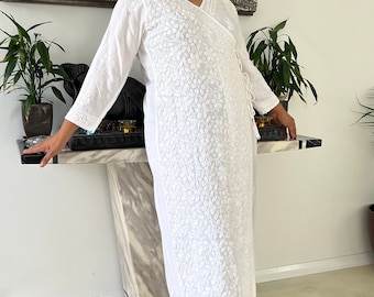 White Angarkha Style Long Kurti, Modal Lucknow Chikankari Kurta