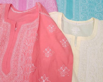 Women Handmade Chikankari Cotton Kurta, Summer Wear, Top, Hand Embroided Kurti Dress