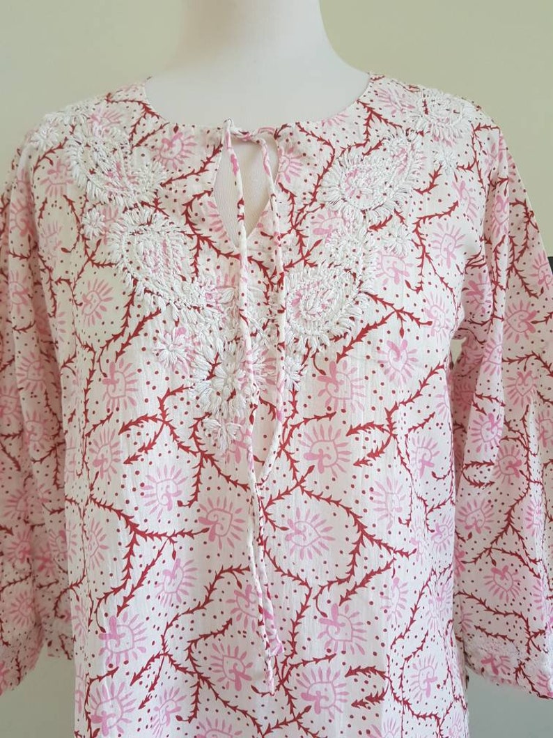 Womens Chikankari Kurta Bell Sleeves Hand Block Print Tunic Etsy