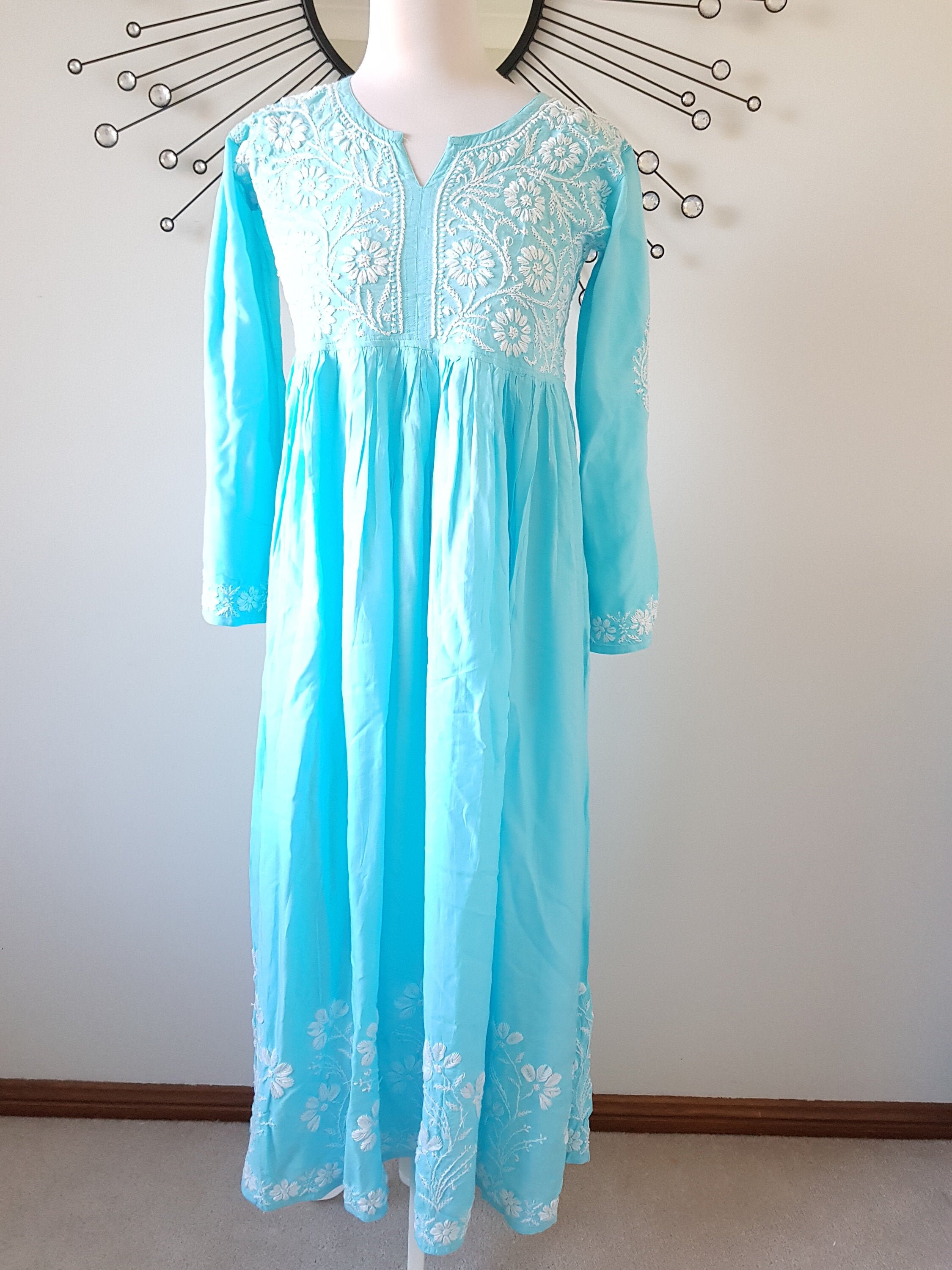 Long Chikankari Maxi Dress Modal Fabric Flared Dress Blue | Etsy
