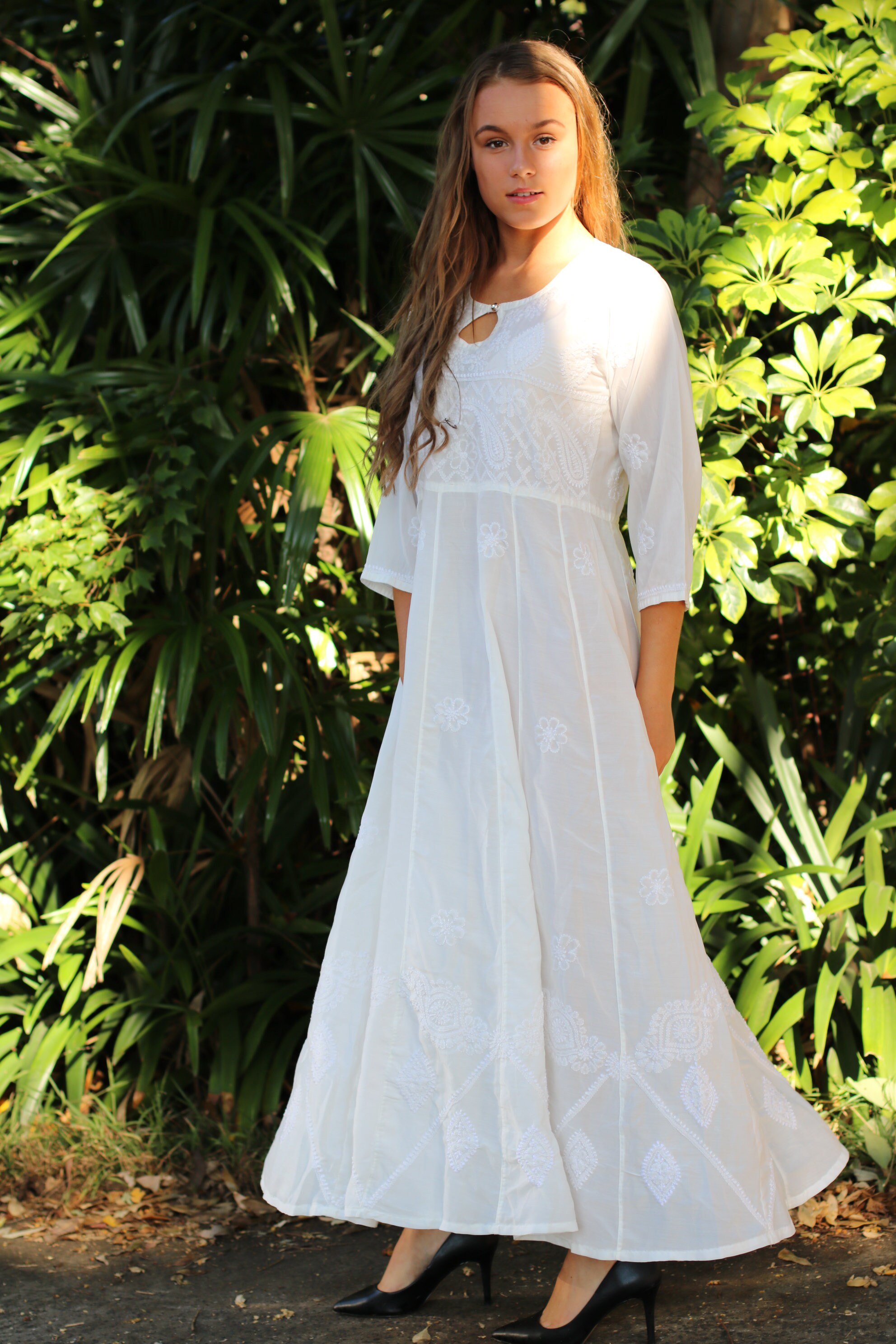 White maxi dress with embroidered palms main image 0
