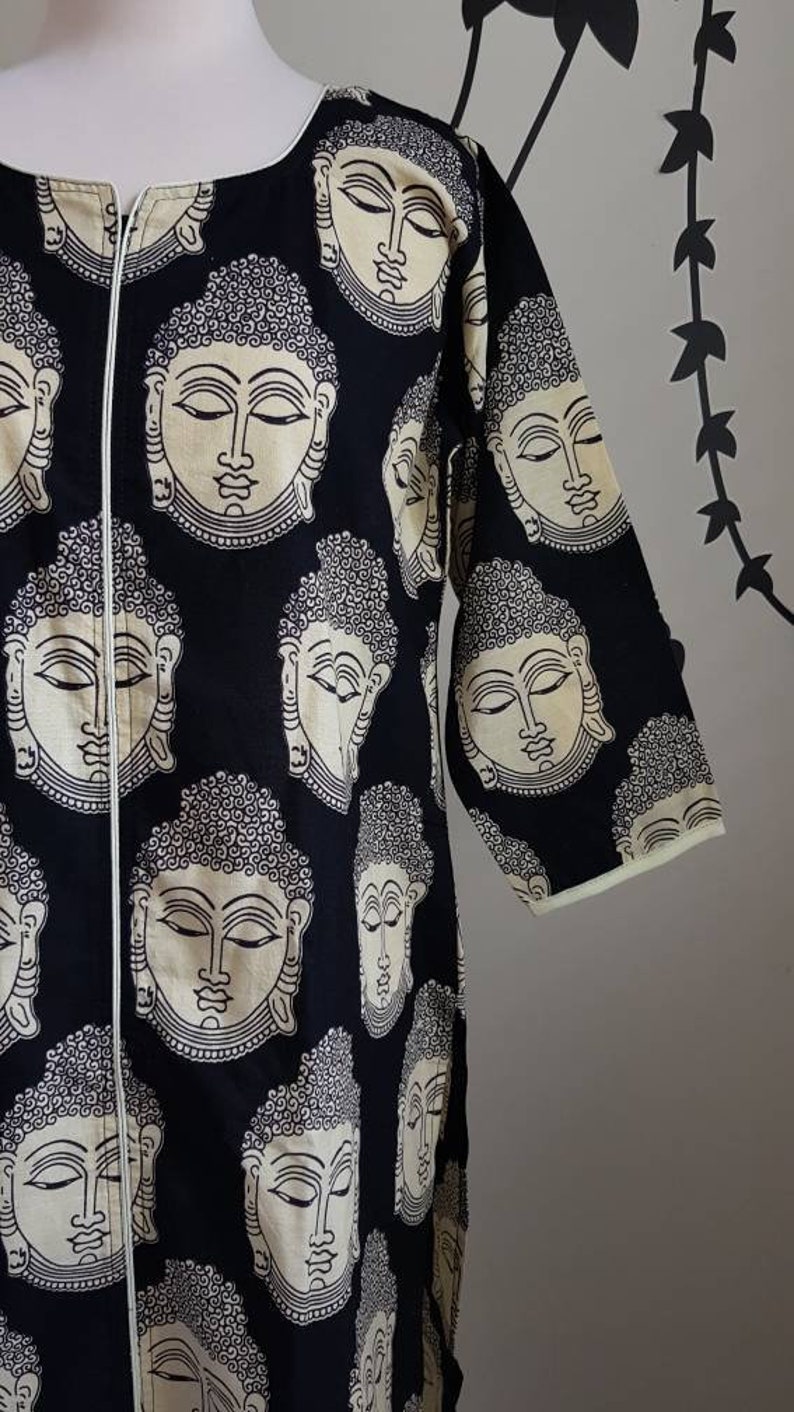 Black Tunic Buddha print boho kurti Indian cotton long Kurta