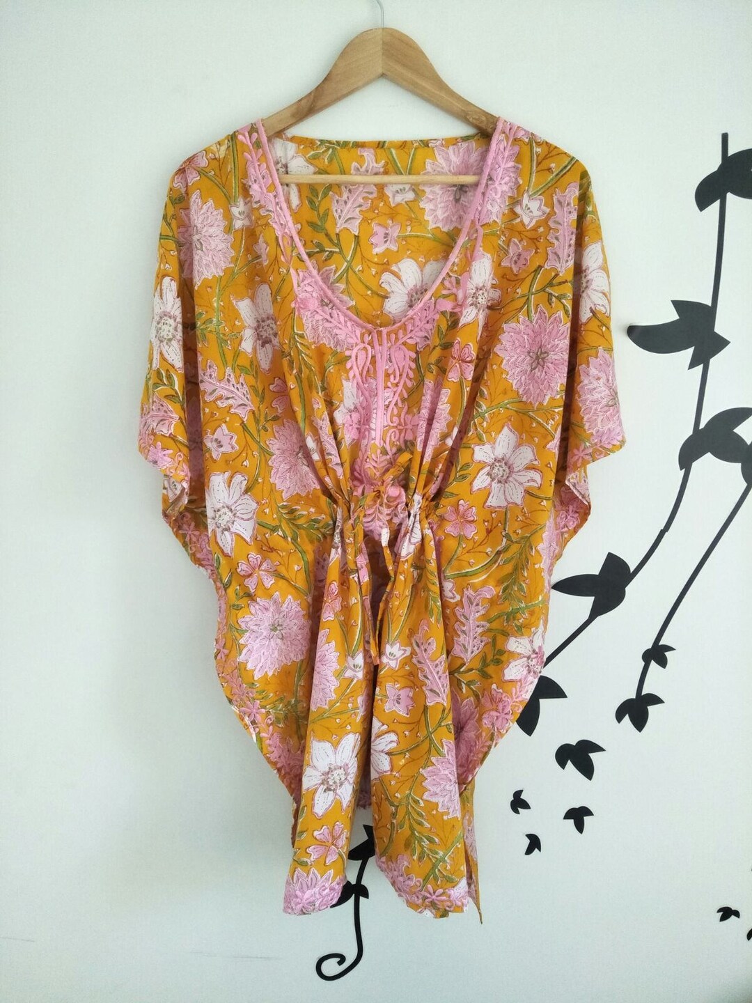 Green - Hand Block Batik Print Cotton Short Kaftan 40