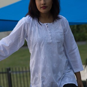White Cotton Short Top With Hand Embroidery