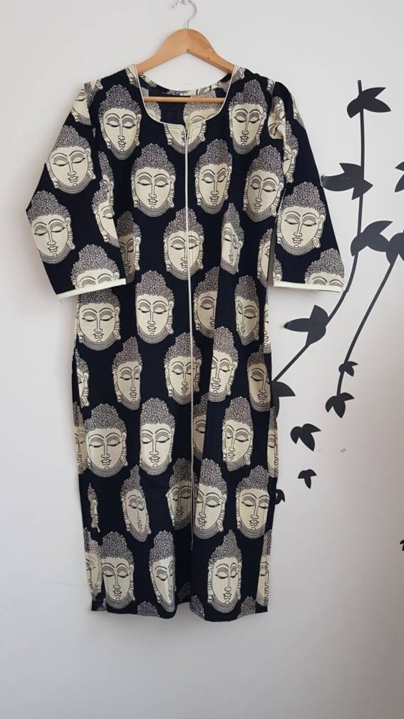Black Tunic Buddha print boho kurti Indian cotton long Kurta