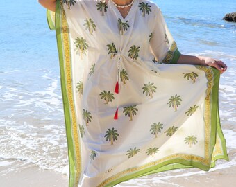 Hand Block Print Cotton Long  Kaftan - Palm Tree