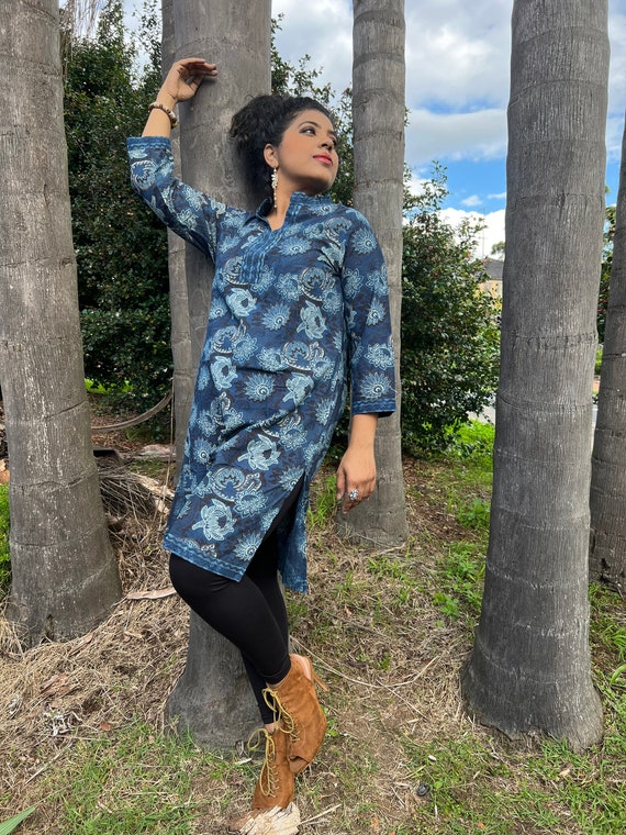 blue block print kurta