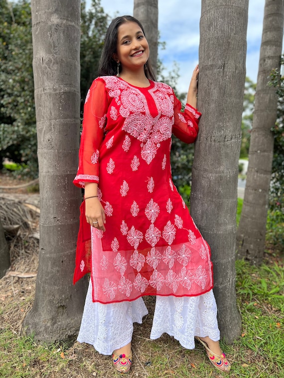 Buy Ada Hand Embroidered Red Cotton Lucknowi Chikankari Straight Kurti  A911337 Online at Best Prices in India - JioMart.
