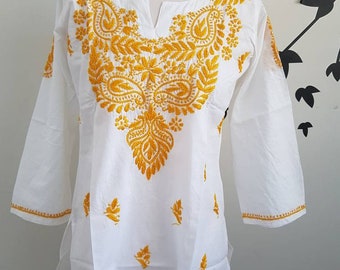 White Womens Chikankari Tunic, Kurta Top, Kurti Hand