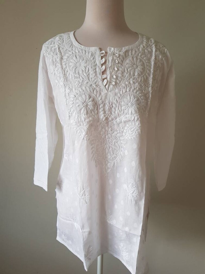 White - Chikankari Hand Embroidered Short Flared Kurta / Top