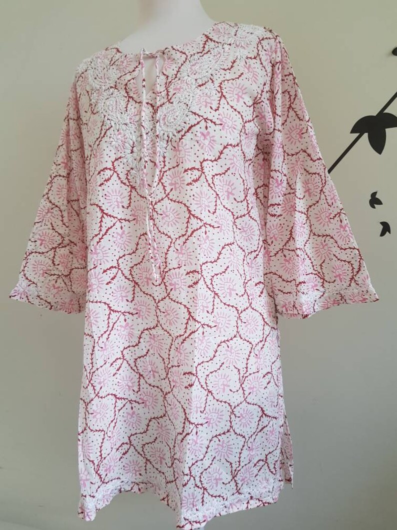 Womens Chikankari Kurta Bell Sleeves Hand Block Print Tunic Etsy