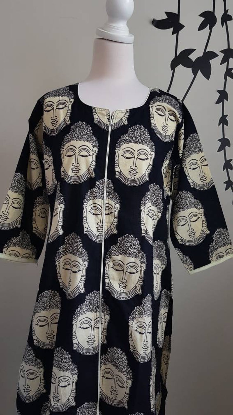 Black Tunic Buddha print boho kurti Indian cotton long Kurta