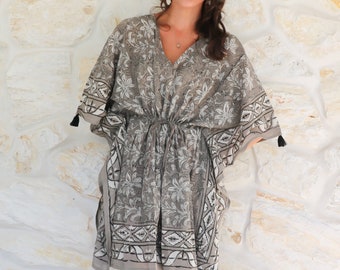 Short Grey Kaftan, Indian hand block print kaftan beach wear, Dabu Cotton Caftan, Indian Eco-friendly Cotton