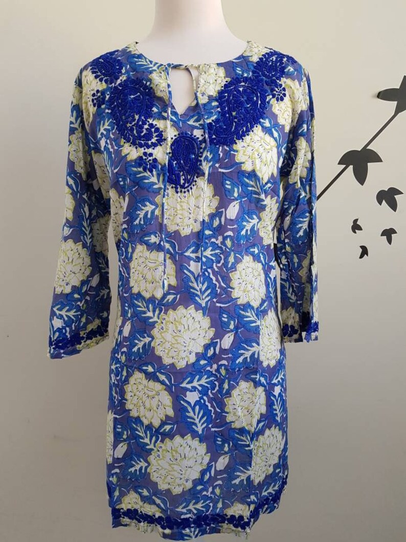 Womens Chikankari Kurta Bell Sleeves Hand Block Print Tunic Etsy