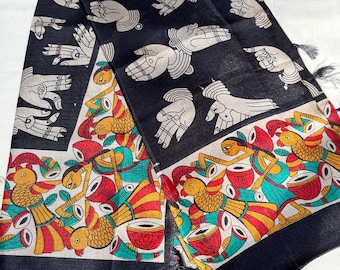 Black Khadi Silk Dupatta with Indian Traditional Print