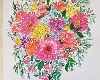 Original benutzerdefinierte Malerei - Aquarell Brautstrauß Blumengemälde, Brautgeschenk, Hochzeit Blumen Porträt, Jahrestagsgeschenk, Brautjungfern