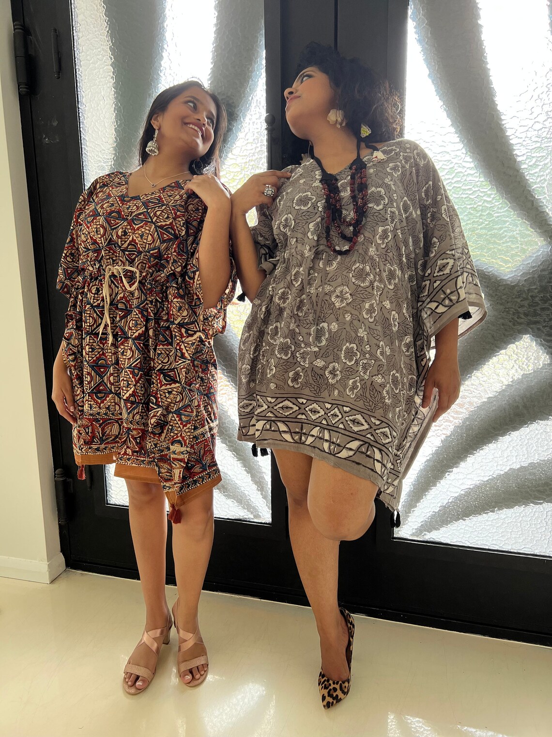 Grey - Sanganeri Block Print Cotton Kaftan (Short) 58